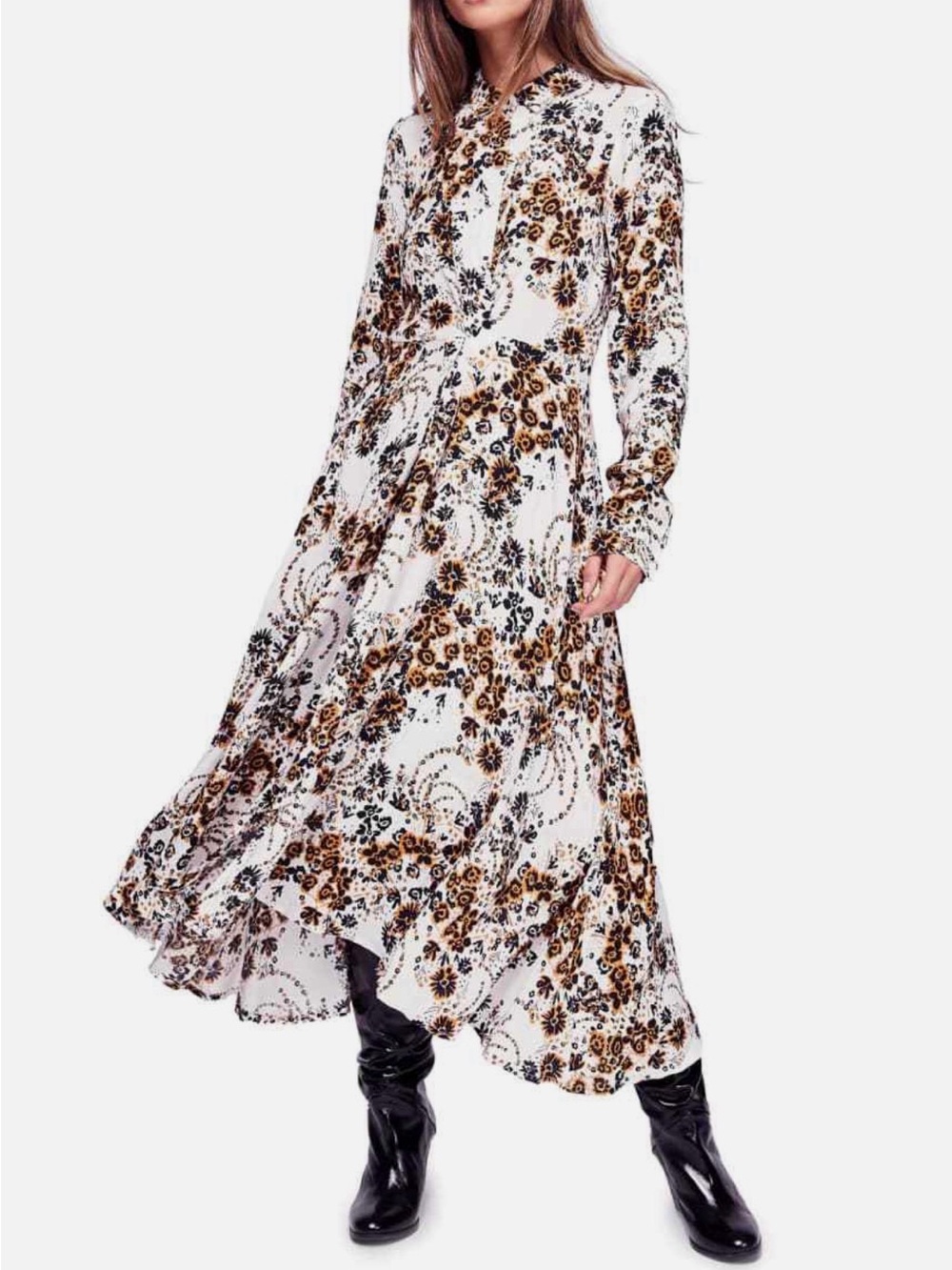 Free People White Floral & Brown Long Sleeve Maxi Dress - Picture 4 of 7